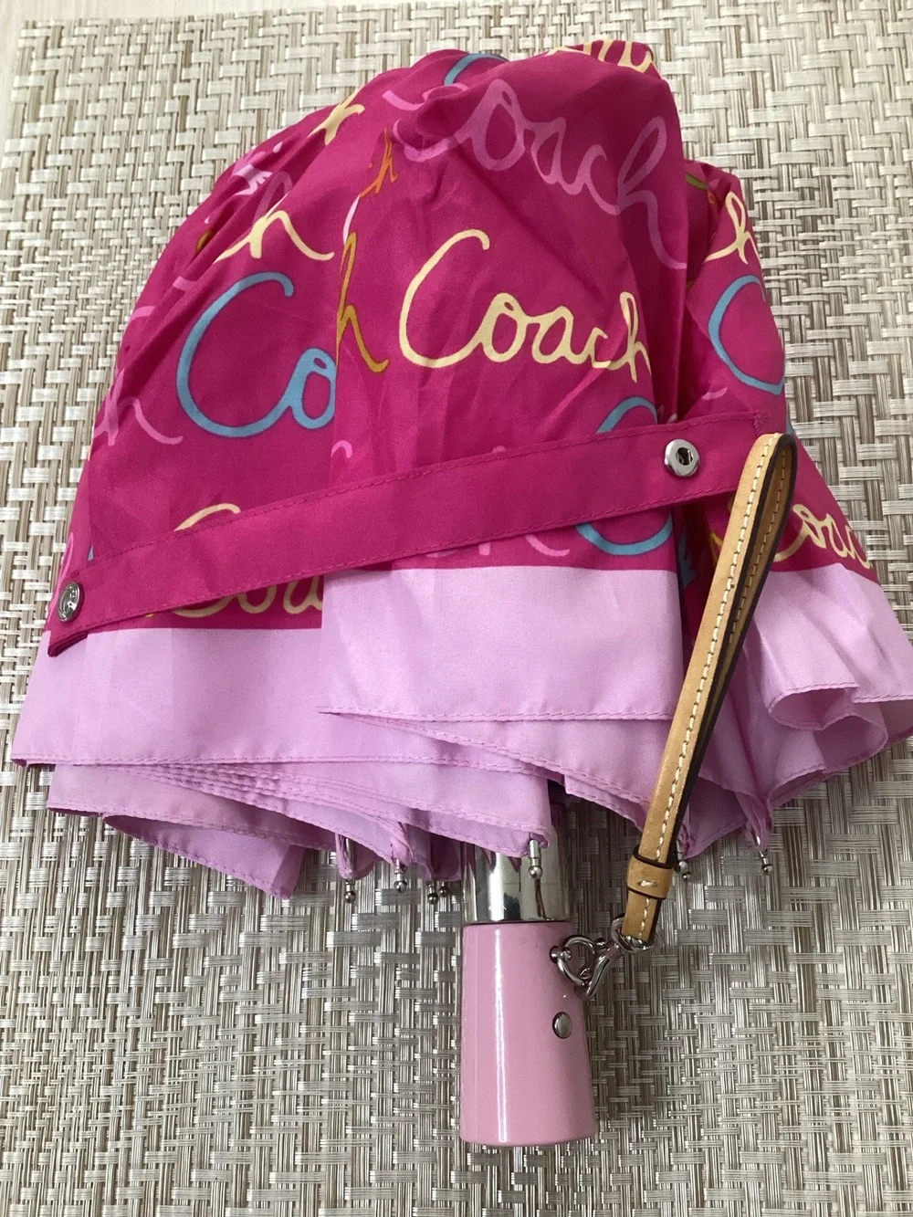 Coach Hot Pink Script Logo Compact Umbrella with Tan Wrist Strap
